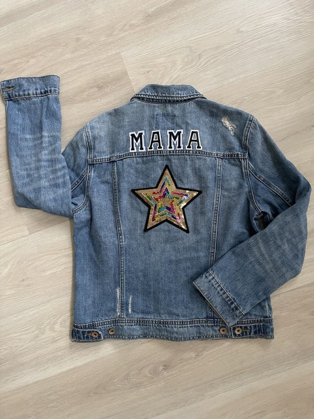 Mother’s Day Gift Old Navy Distressed Jacket Sequin Star Patch Pockets Blue L